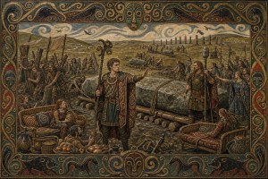 Ornately framed art of Bronze Age people hauling a huge stone on log rollers toward a row of standing stones