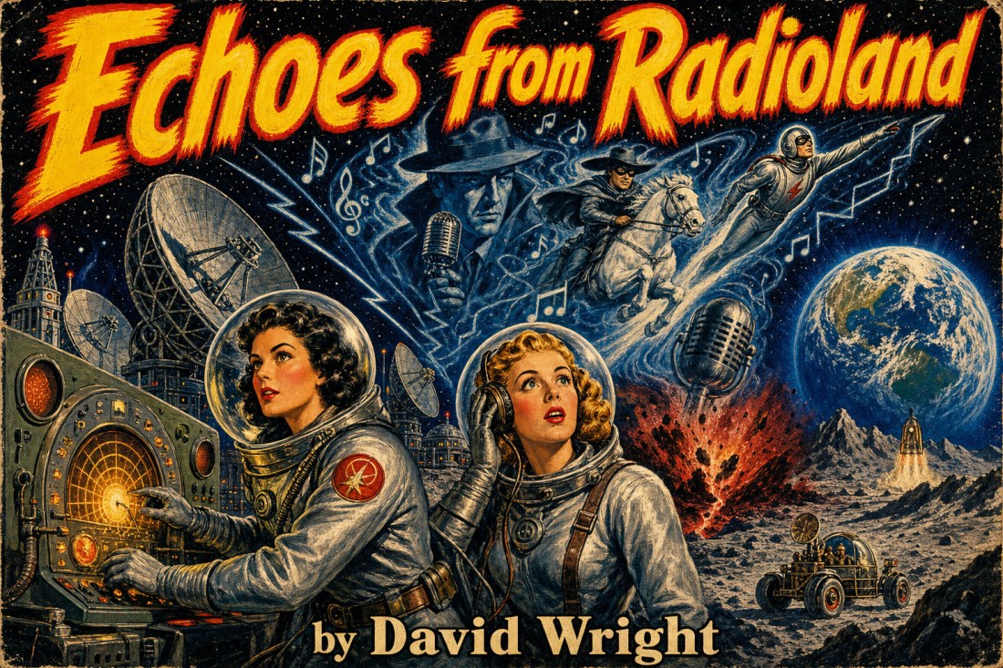 Pulp cover "Echoes from Radioland by David Wright": two women in spacesuits at a radio console on the Moon, Earth beyond