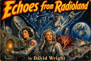 Pulp cover "Echoes from Radioland by David Wright": two women in spacesuits at a radio console on the Moon, Earth beyond