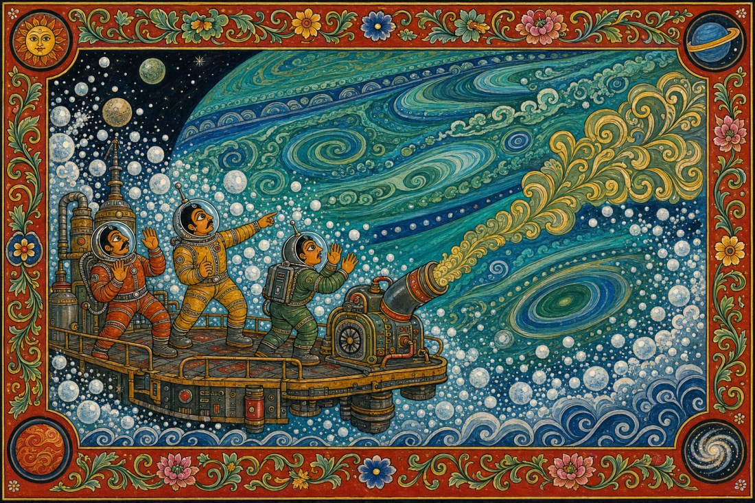 Folk-art style scene of three astronauts on a brass platform firing a cannon of swirls into a bubbly green nebula
