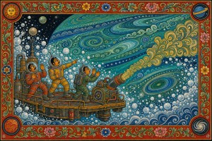 Folk-art style scene of three astronauts on a brass platform firing a cannon of swirls into a bubbly green nebula