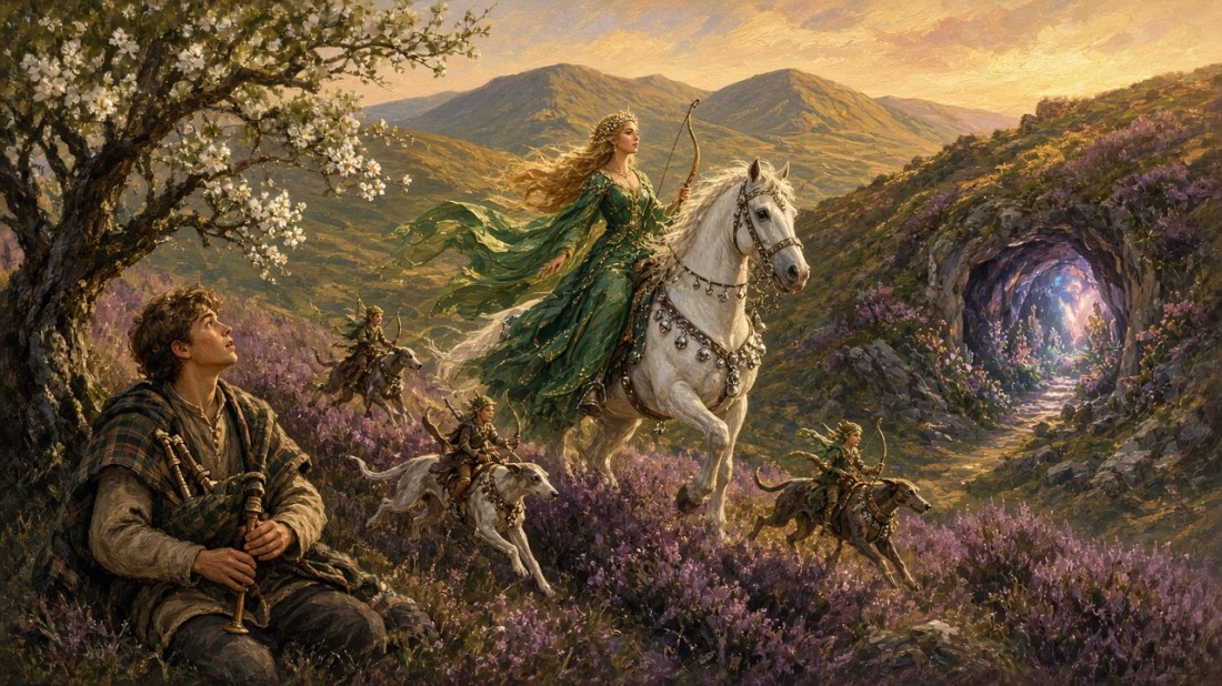 Painted illustration: a faerie queen on a white horse hung with silver bells rides down a heather-covered Scottish hillside toward a startled young bard holding bagpipes, with hounds and a glowing cave entrance behind her.