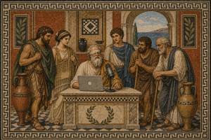 Greek mosaic of an old bearded man at a laptop with a microphone, surrounded by robed ancient Greeks