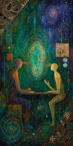 Mystical painting of two seated figures facing each other across a table beneath a glowing green vortex