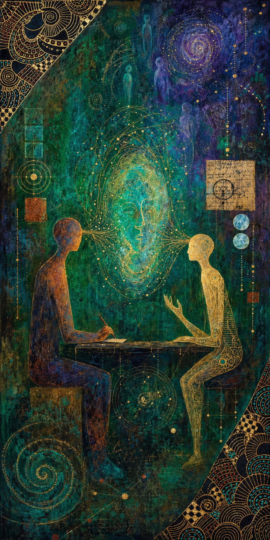 Mystical painting of two seated figures facing each other across a table beneath a glowing green vortex