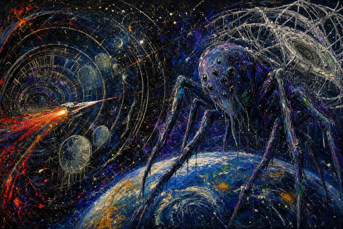 Splattered-paint art of a rocket flying through clock-face rings toward a giant spider-like creature above Earth
