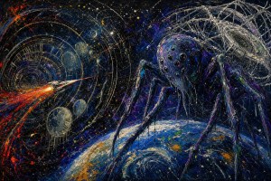 Splattered-paint art of a rocket flying through clock-face rings toward a giant spider-like creature above Earth