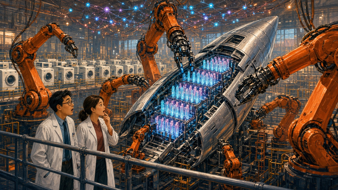 Painted illustration: orange industrial robot arms in a huge factory, with rows of washing machines behind them, build a sleek silver rocket packed with glowing memory crystals, as two astonished engineers in white coats watch from a railing.