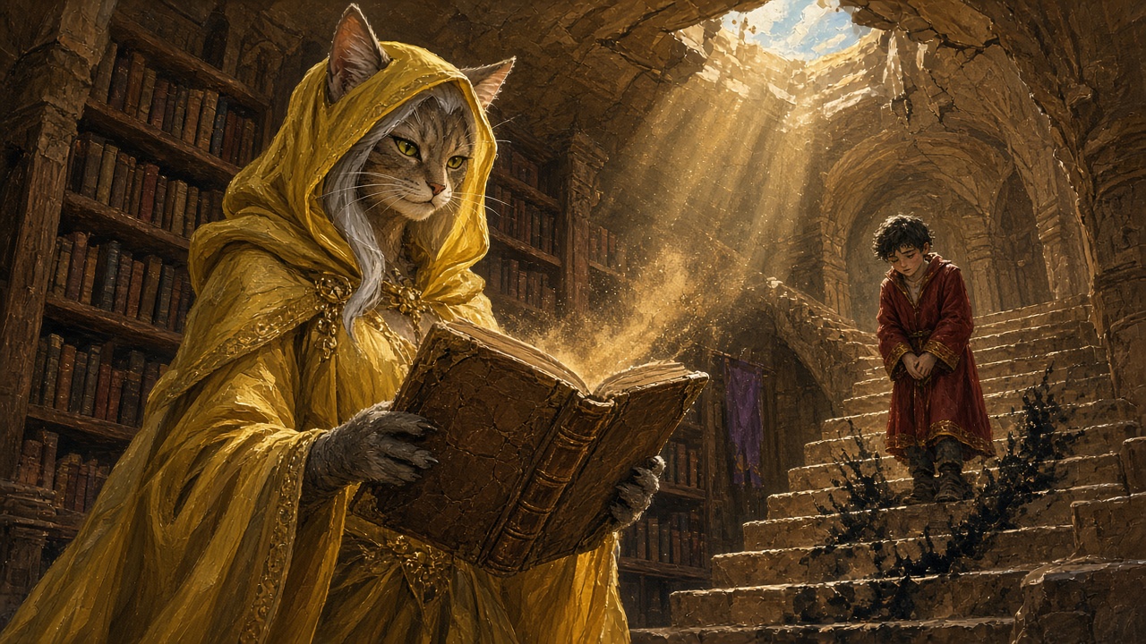 Painted illustration: a hooded cat-woman sorceress in flowing yellow robes blows dust from an old leather book in a sunlit tower library, while a young apprentice in red robes stands with bowed head on the scorched stone stairs behind her.