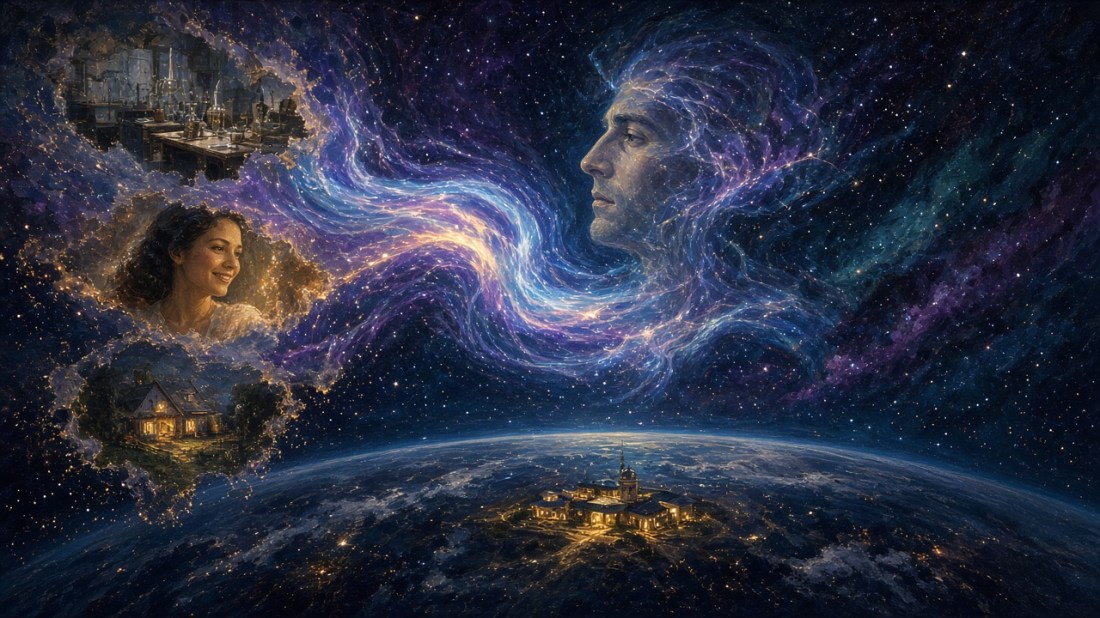 Painted illustration: a man's face in profile woven into a glowing violet-and-gold ribbon of light streaming through deep space, beside floating vignettes of memories (a laboratory, a smiling dark-haired woman, a lit cottage), with a glowing research complex on the night side of Earth below.