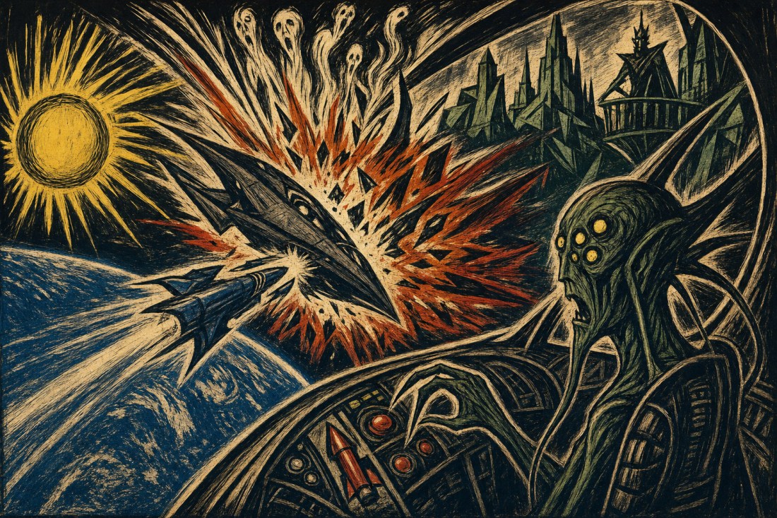 Woodcut-style art of a rocket and exploding spaceship near the sun, with a many-eyed alien and a spiky city