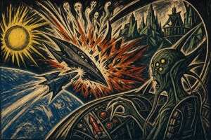 Woodcut-style art of a rocket and exploding spaceship near the sun, with a many-eyed alien and a spiky city