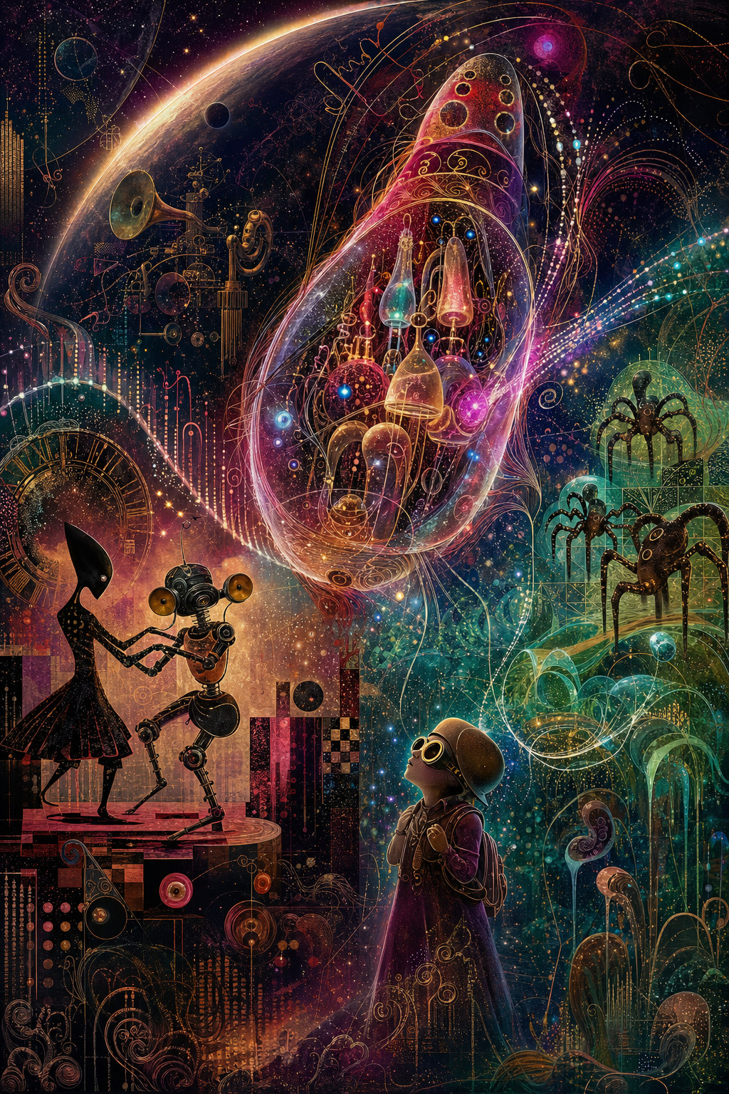 Psychedelic art of a child gazing at a glowing capsule city in space, with dancing figures and spider-like creatures