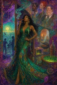 A woman in a green sequined gown smokes by a doorway as three men look on, film crew and a glowing cauldron nearby