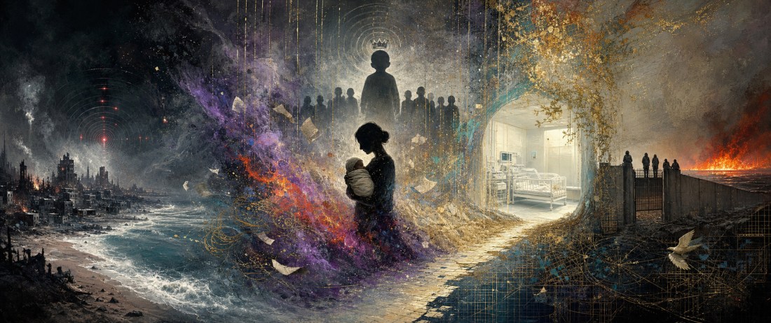 Dark collage of a woman cradling a baby between a stormy ruined shore and a doorway to a hospital room