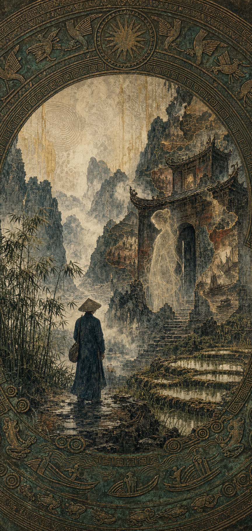 Ink painting in a round arch of a figure in a conical hat facing misty mountains and a cliffside temple gate