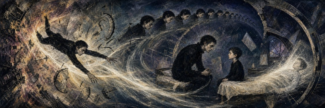 Swirling painted scene of a man falling through a time tunnel past a man and child seated by a sickbed