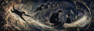 Swirling painted scene of a man falling through a time tunnel past a man and child seated by a sickbed
