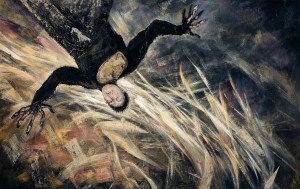 Expressive painting of a dark-clothed man falling headfirst through swirling pale streaks