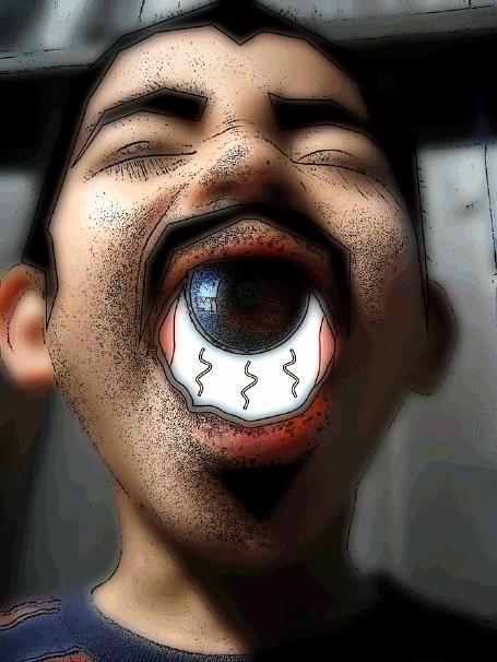 Photo-illustration of a boy's face with his wide-open mouth replaced by a giant staring eyeball