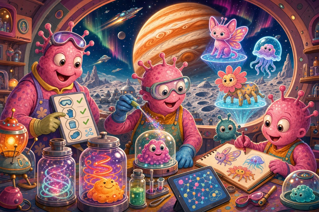 Cartoon pink aliens in goggles run a lab with jars, a checklist and sketches, holograms of creatures by a window on Jupiter
