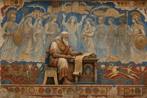 Fresco of an old bearded scribe writing on a scroll before ghostly Greek warriors, women and a walled city