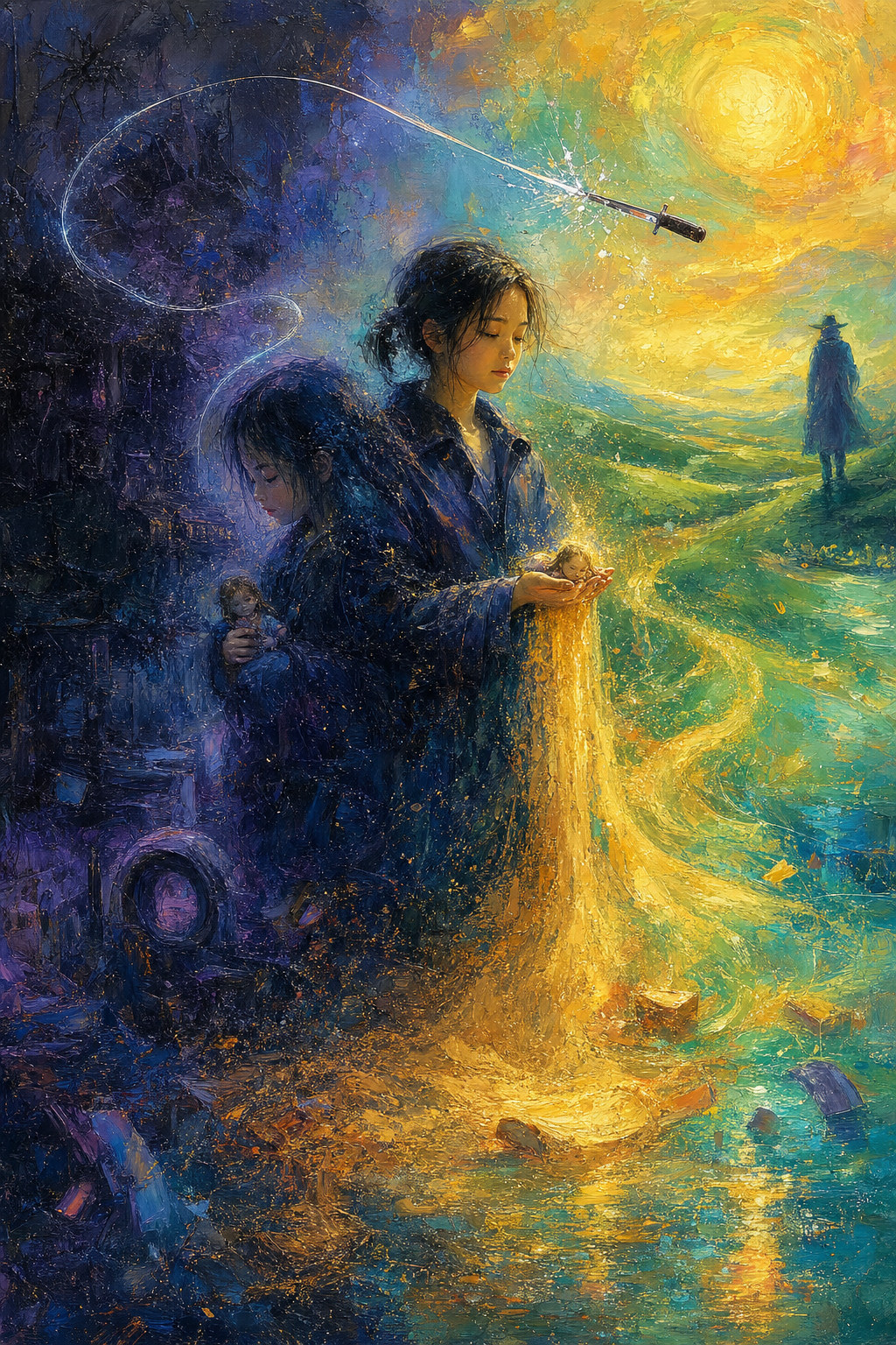 Impressionist painting of a girl holding a stream of golden light beside a shadowy double, a hatted figure on a path