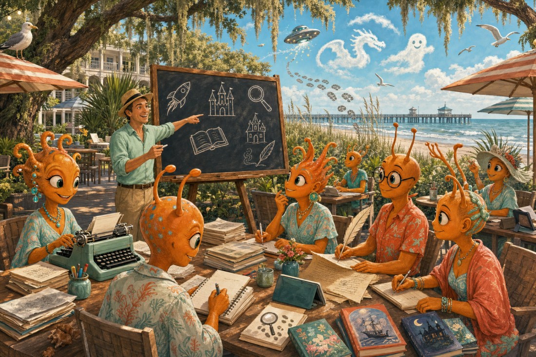 Cartoon orange aliens write at a beachside class as a man points to a chalkboard of story sketches