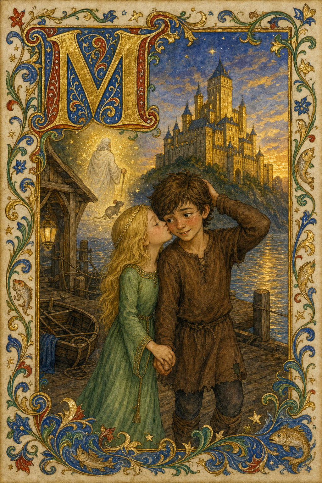 Illuminated-manuscript page with a letter M: a blonde girl kisses a blushing boy's cheek on a dock below a castle