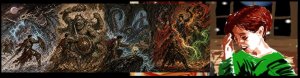 Fantasy battle panorama of warriors fighting monsters and fire, beside a comic-style panel of a crying red-haired boy