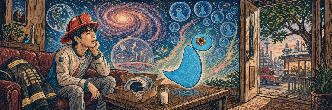 A young man in a red helmet sits on a couch staring at a blue one-eyed blob creature in a cosmic-themed room