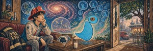 A young man in a red helmet sits on a couch staring at a blue one-eyed blob creature in a cosmic-themed room