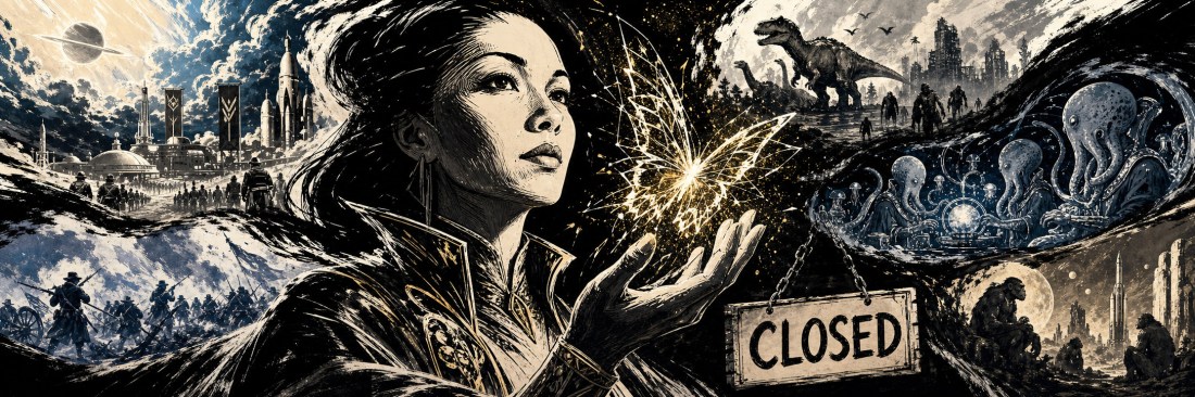 Black-and-white montage of a woman holding a glowing butterfly amid dinosaurs, alien creatures and a sign reading CLOSED
