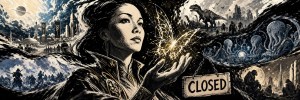 Black-and-white montage of a woman holding a glowing butterfly amid dinosaurs, alien creatures and a sign reading CLOSED