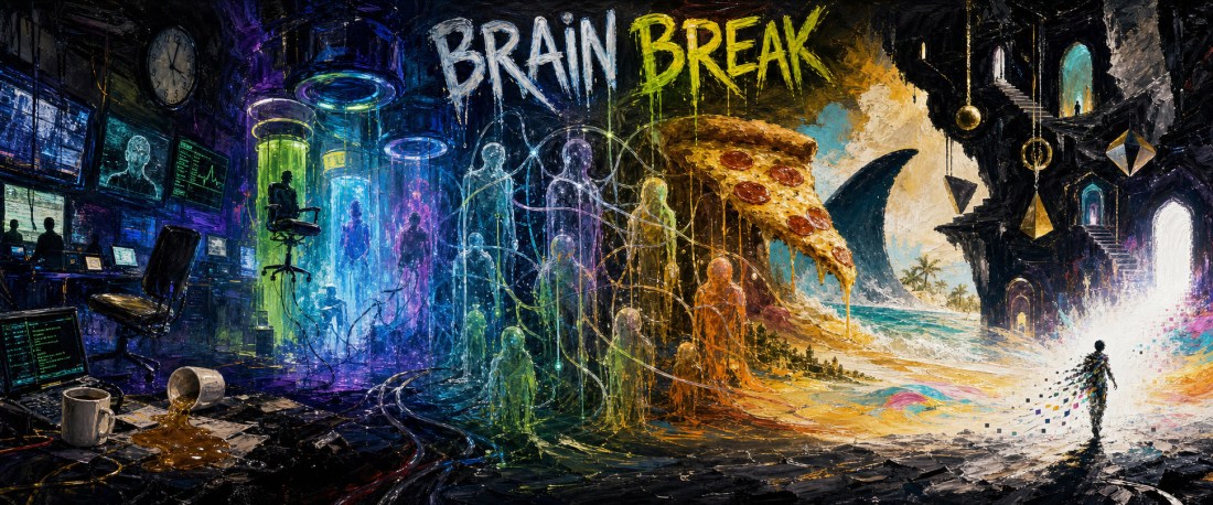 Colorful scene titled "Brain Break": a figure walks out of an office of screens through glowing ghosts toward a beach