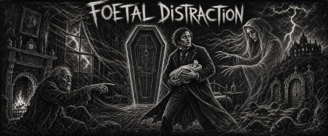 Charcoal-style horror art titled "Foetal Distraction": a man carries a bundle past a coffin as an old man points