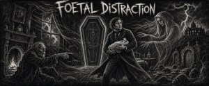Charcoal-style horror art titled "Foetal Distraction": a man carries a bundle past a coffin as an old man points