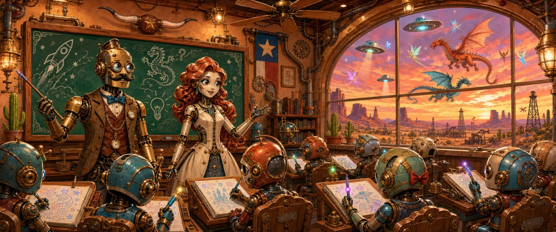 Steampunk robot teacher and a red-haired woman at a chalkboard teach young robots, dragons and UFOs outside