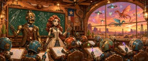 Steampunk robot teacher and a red-haired woman at a chalkboard teach young robots, dragons and UFOs outside
