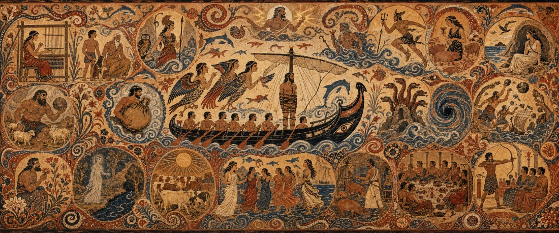 Mosaic of Odysseus tied to the mast of a ship passing sirens, ringed by roundels of scenes from the Odyssey