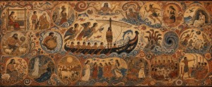 Mosaic of Odysseus tied to the mast of a ship passing sirens, ringed by roundels of scenes from the Odyssey