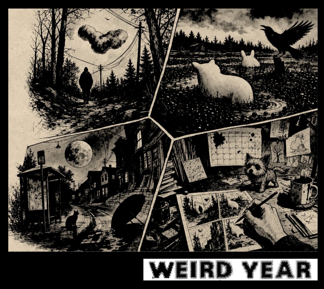 Black-and-white comic panels of eerie woods, a crow, a moonlit street and a hand drawing, labeled "Weird Year"