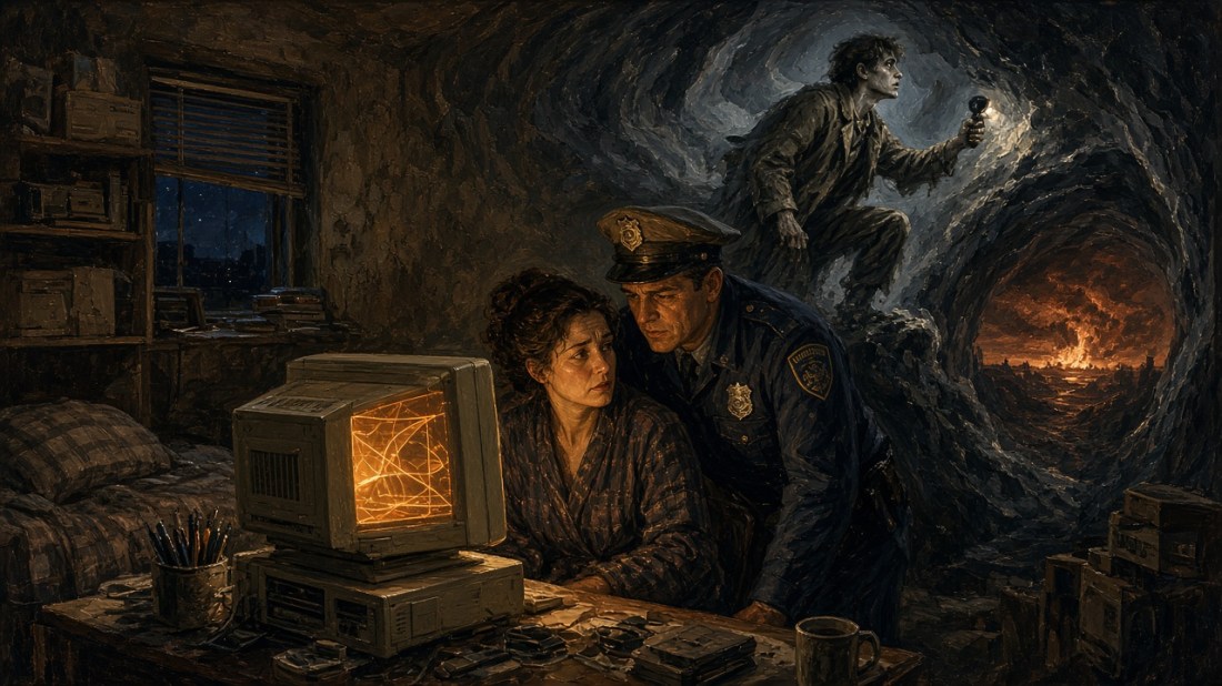 Painted illustration: at night in a cluttered room, a woman in a robe stares at the glowing amber screen of a beige 1980s computer as her uniformed police-officer husband leans over her shoulder; behind them a swirling cave opens where a gaunt young man climbs with a flashlight toward a fiery glow on the horizon.