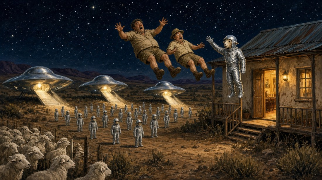 Painted illustration: on a Karoo farm at night, three silver flying saucers with lit ramps have landed behind rows of small silver-suited aliens; two farmers in khaki float through the air toward a sheep-faced alien in a silver suit on the farmhouse veranda, while a flock of sheep looks on.