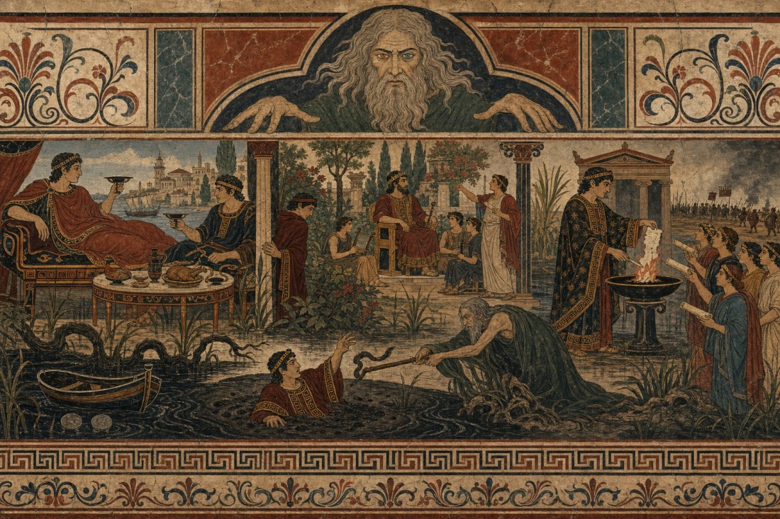 Greek-style mosaic of a feast, a burning scroll and a man pulled toward the sea, beneath a giant bearded face