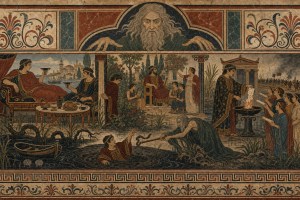 Greek-style mosaic of a feast, a burning scroll and a man pulled toward the sea, beneath a giant bearded face