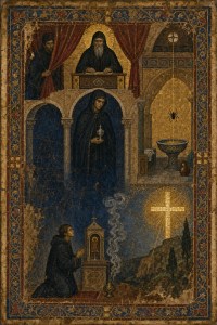 Illuminated-manuscript art of monks praying in a cloister, a spider above a basin and a glowing cross on a hill