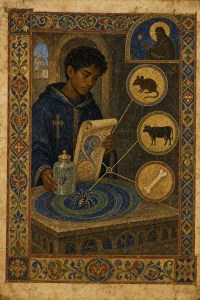 Illuminated-manuscript art of a young monk with a scroll and jar by a spider web, roundels of a rat, cow and bone