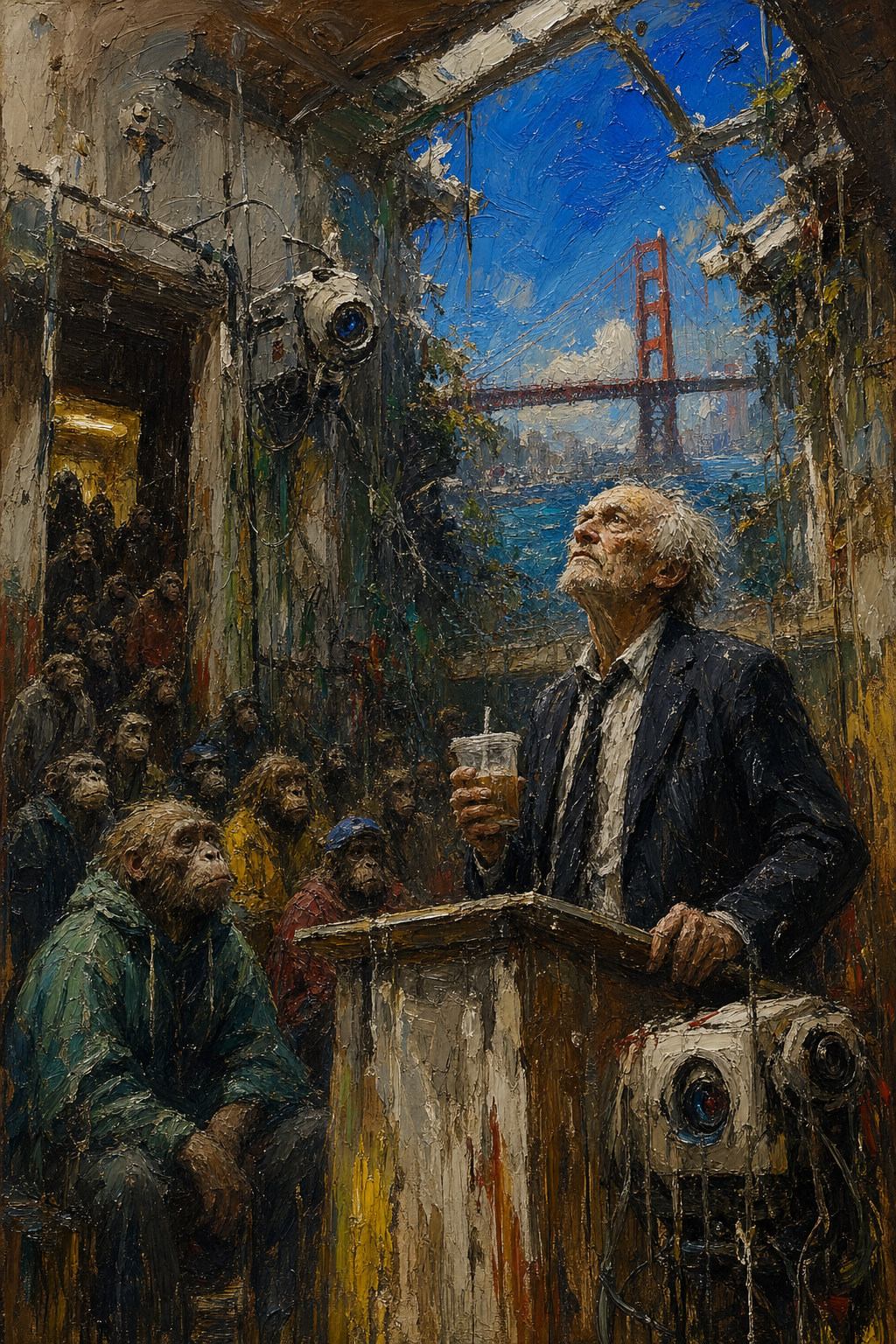An old man at a lectern addresses a crowd of apes in a ruined building with cameras, Golden Gate Bridge behind