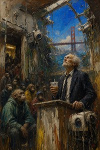 An old man at a lectern addresses a crowd of apes in a ruined building with cameras, Golden Gate Bridge behind